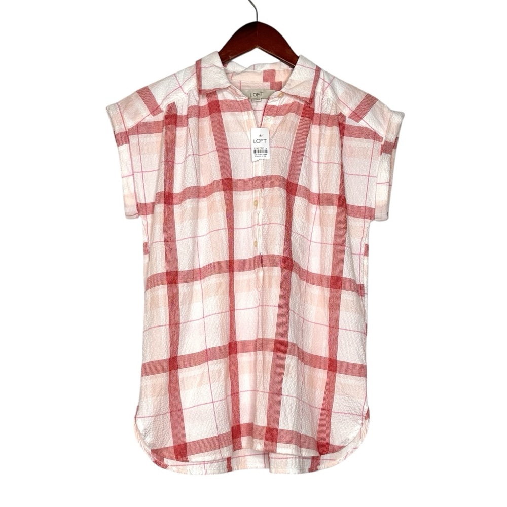 Loft Plaid Henley Blouse Dolman Sleeve Seersucker Button Top SZ Extra Small